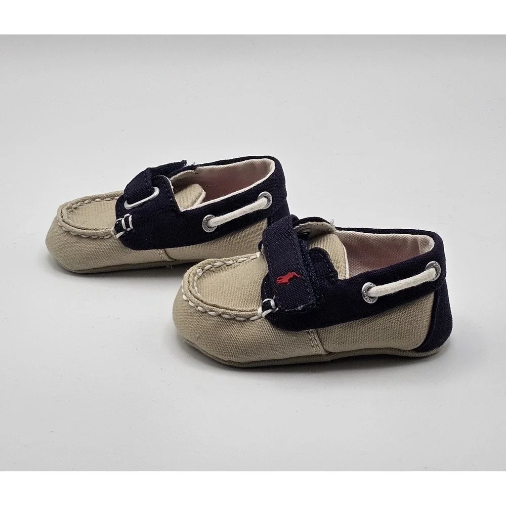 Ralph Lauren Boys Sanders EZ Canvas Deck Shoes Size 2 Pony Logo Loafer Tan Navy